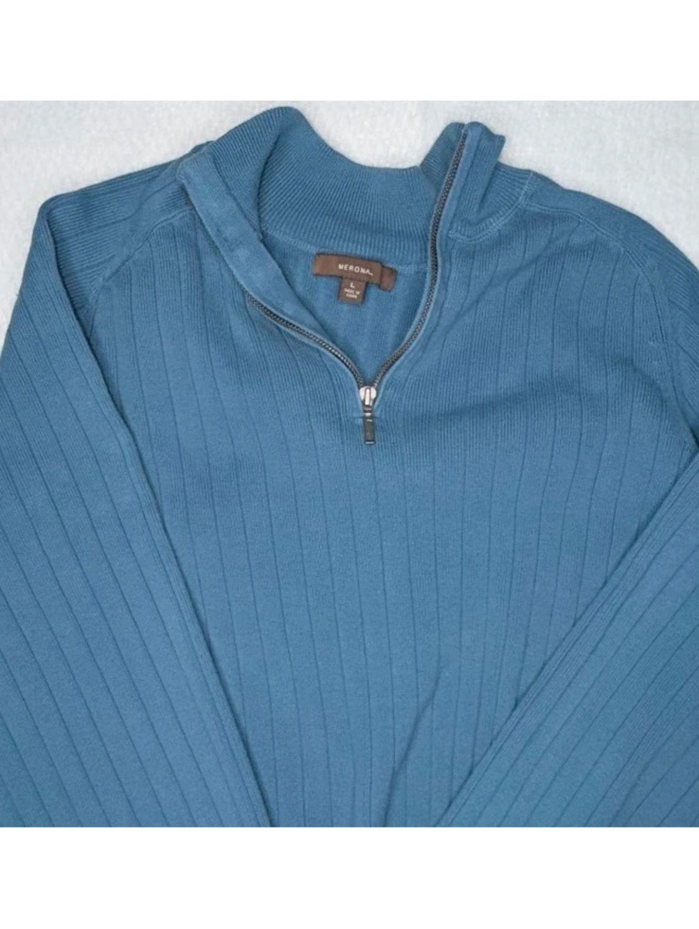 Merona Men’s Large Blue Ribbed Full Zip Sweater Y2K Mock Neck Preppy